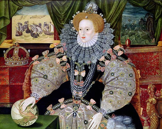 The painting known as The Armada Portrait of Queen Elizabeth I, circa 1588. In the top left-hand corner you can see the victorious English Navy, and in the top right you can see the wreckage of the defeated Armada. Image from wikicommons.